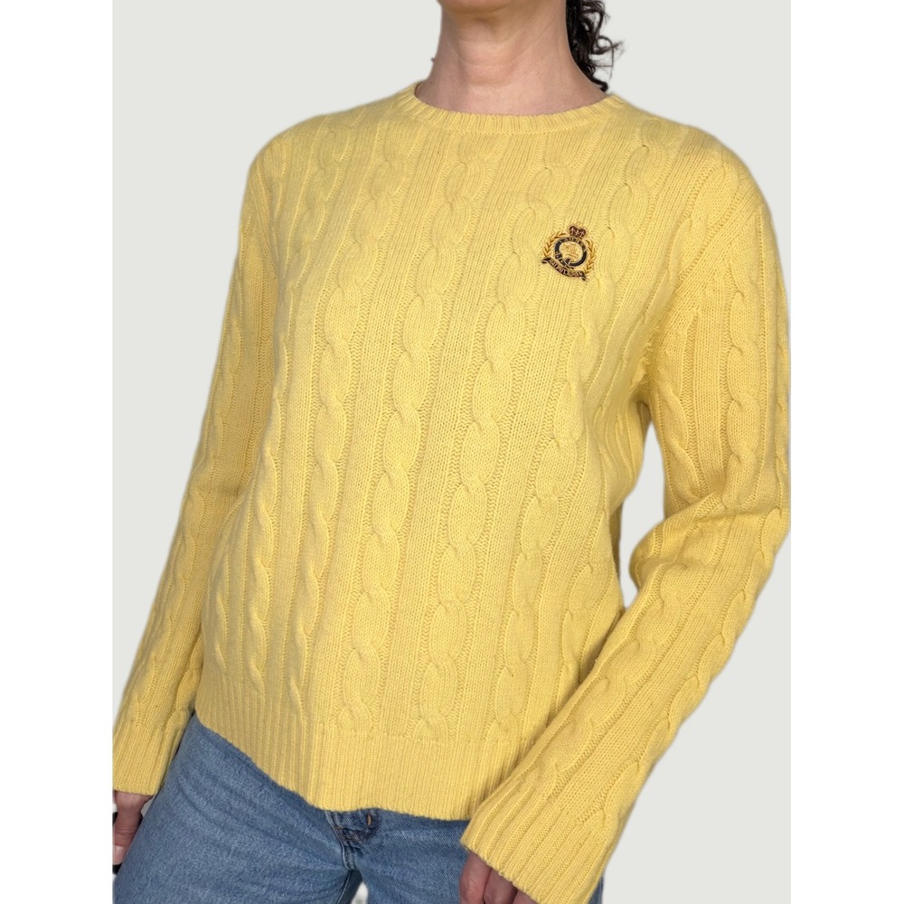 Lauren Ralph Lauren Yellow 100% Lambswool Cable Knit Crest Sweater Wool L
